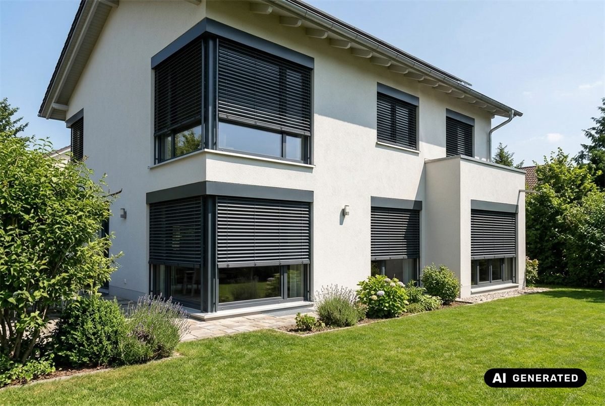 Symbolbild (KI-generiert): Südfassade eines Einfamilienhauses mit halb heruntergelassenen außenliegenden Raffstores