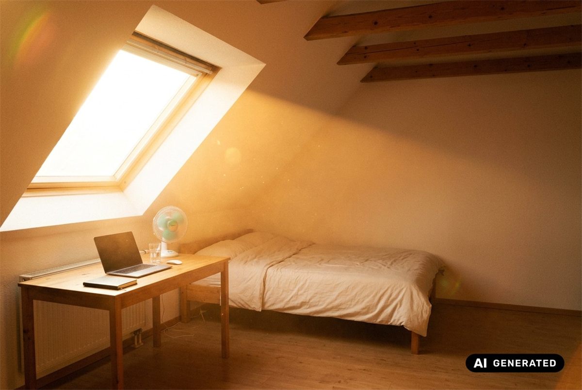 Symbolbild (KI-generiert): Dachgeschosszimmer im Sommer, Sonne fällt ungehindert durch ein großes Dachfenster