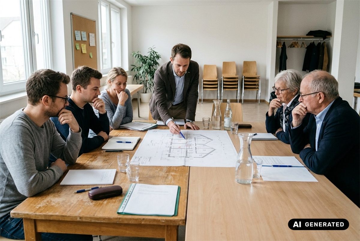 Symbolbild (KI-generiert): Eigentümerversammlung: Ein Energieberater erklärt am Tisch den Plan eines Mehrfamilienhauses