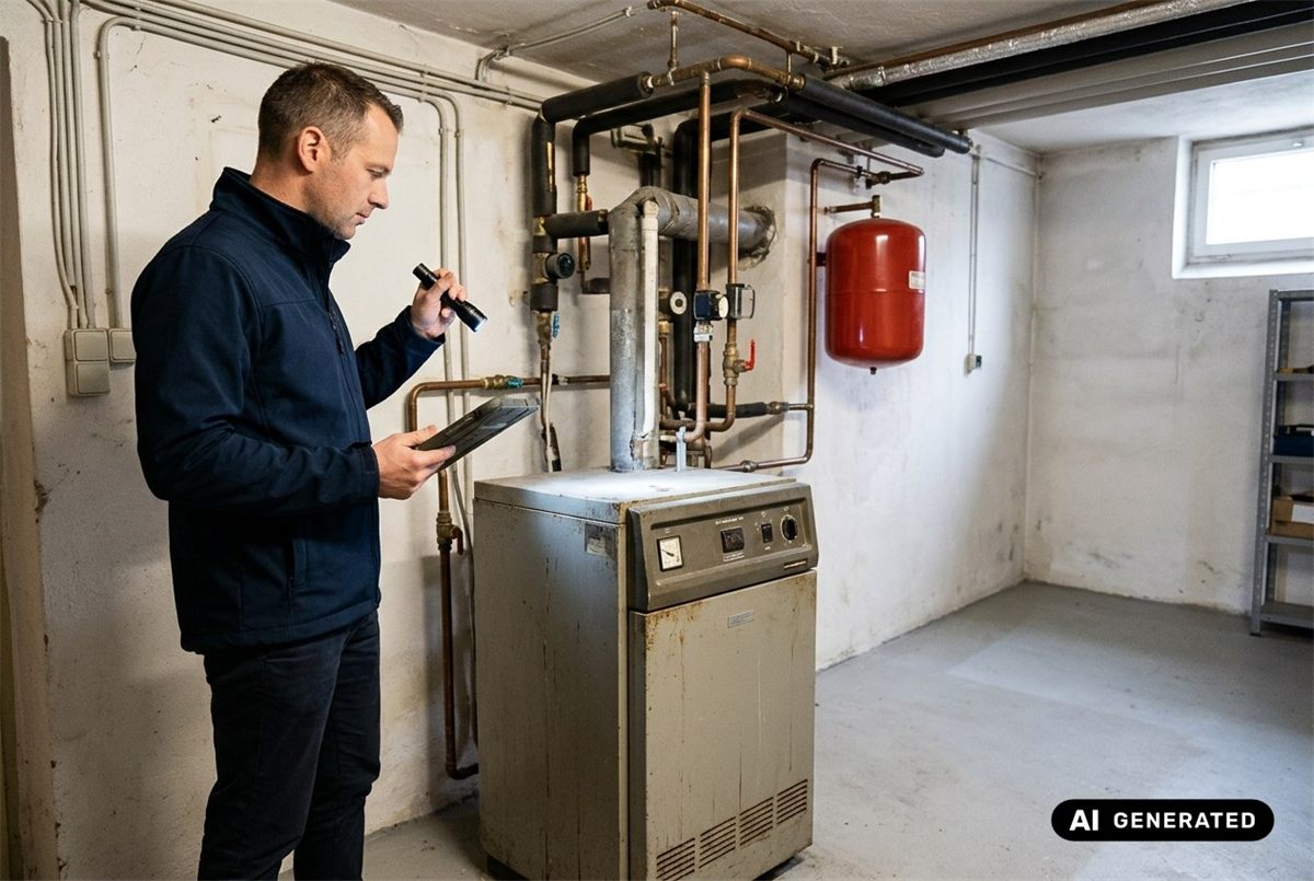 Symbolbild (KI-generiert): Energieberater im Heizungskeller vor einem alten Gas-Heizkessel, mit Tablet und Taschenlampe