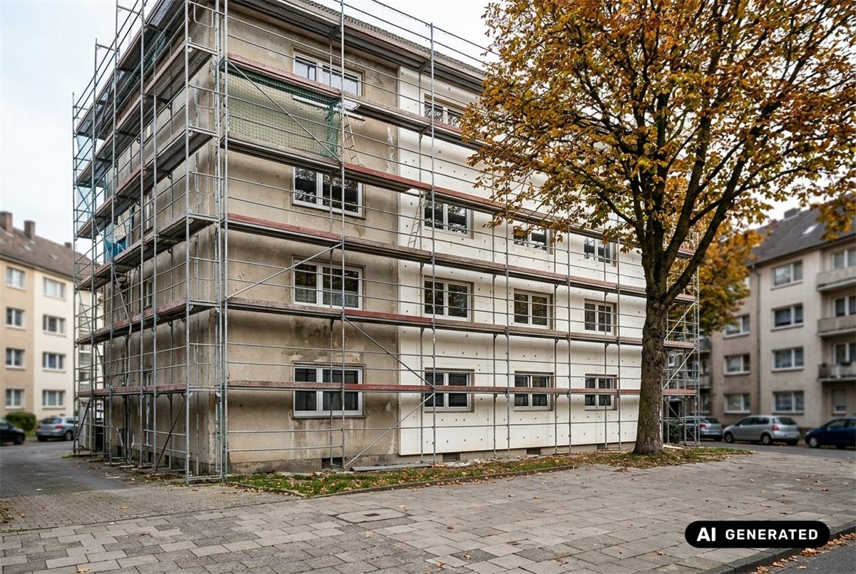 Symbolbild (KI-generiert): Mehrfamilienhaus aus den 1960er-Jahren mit Gerüst während der energetischen Modernisierung